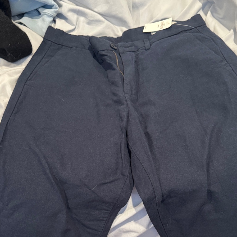 Mens Slim 54% Linen Navy Pants